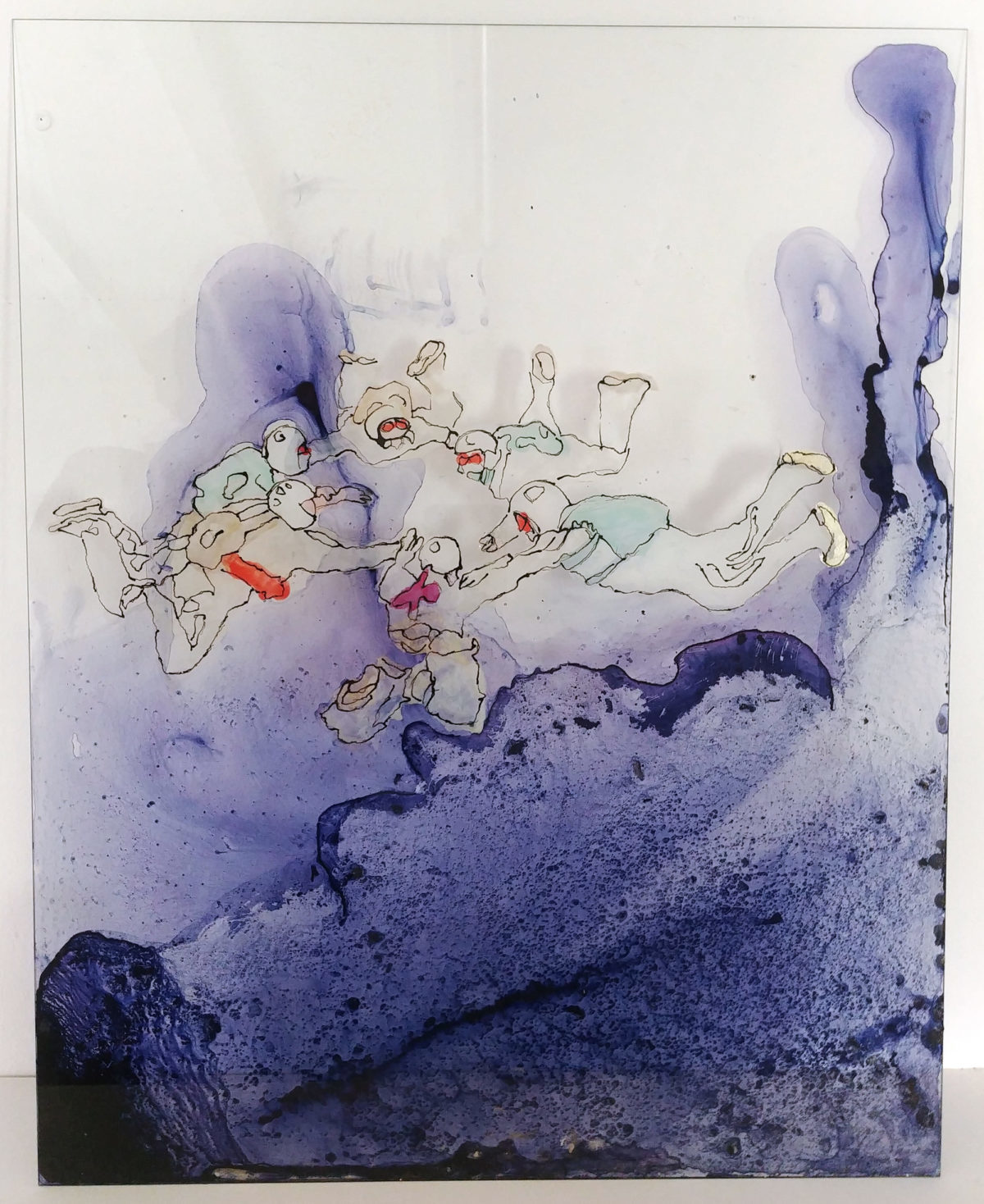 Cristina Ohlmer, FREIER FALL 6er Kreis oben, 2020, 50 x 40cm Tusche/Lacke hinter Glas, Courtesy the artist